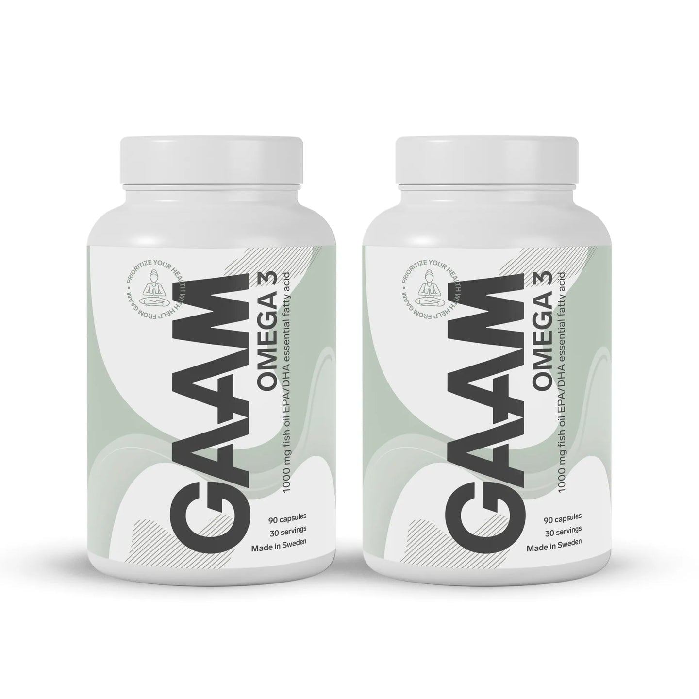 2 x GAAM Omega-3 90 caps -ravintolisä kahdessa valkoisessa purkissa, joissa on vaaleanvihreitä yksityiskohtia.