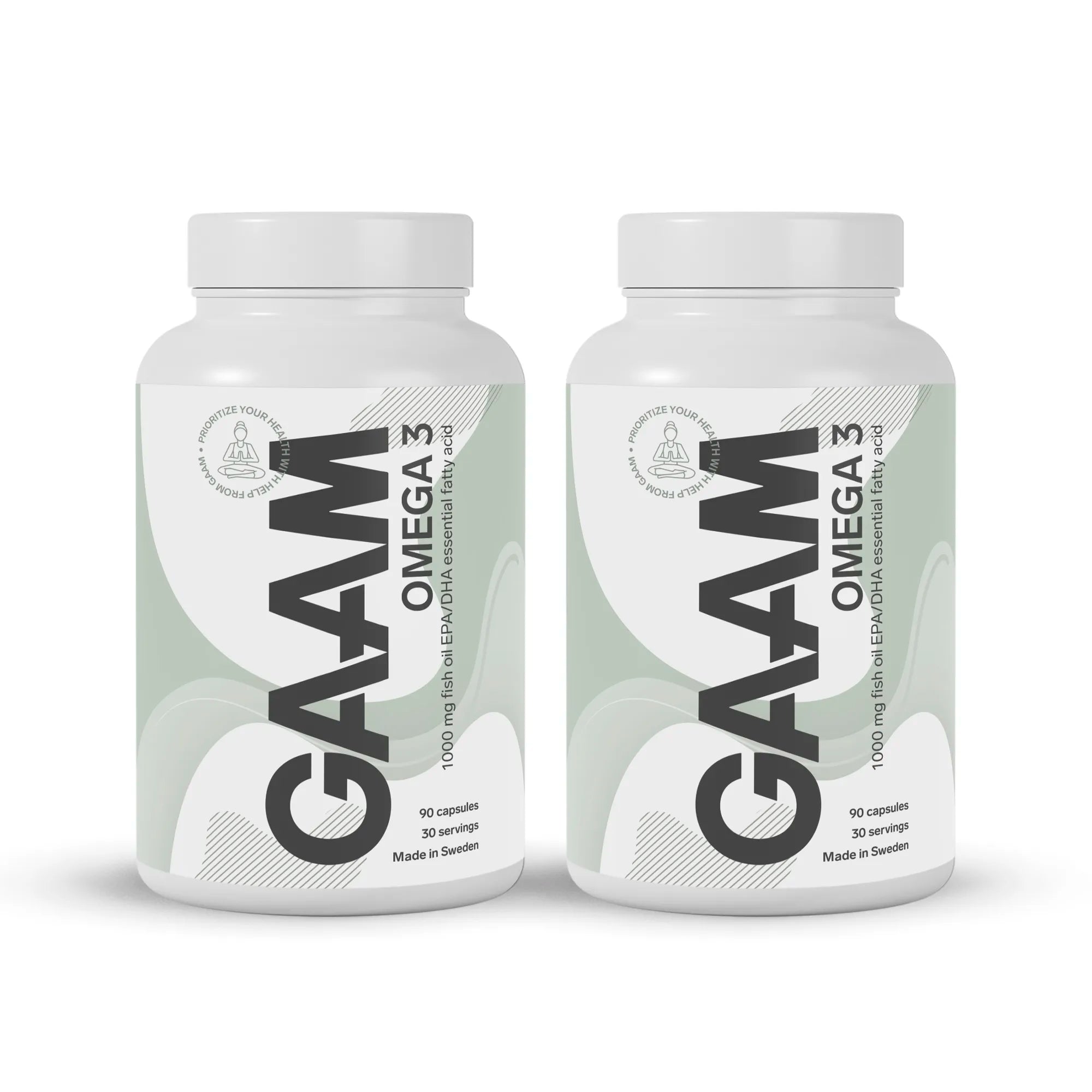 2 x GAAM Omega-3 90 caps -ravintolisä kahdessa valkoisessa purkissa, joissa on vaaleanvihreitä yksityiskohtia.