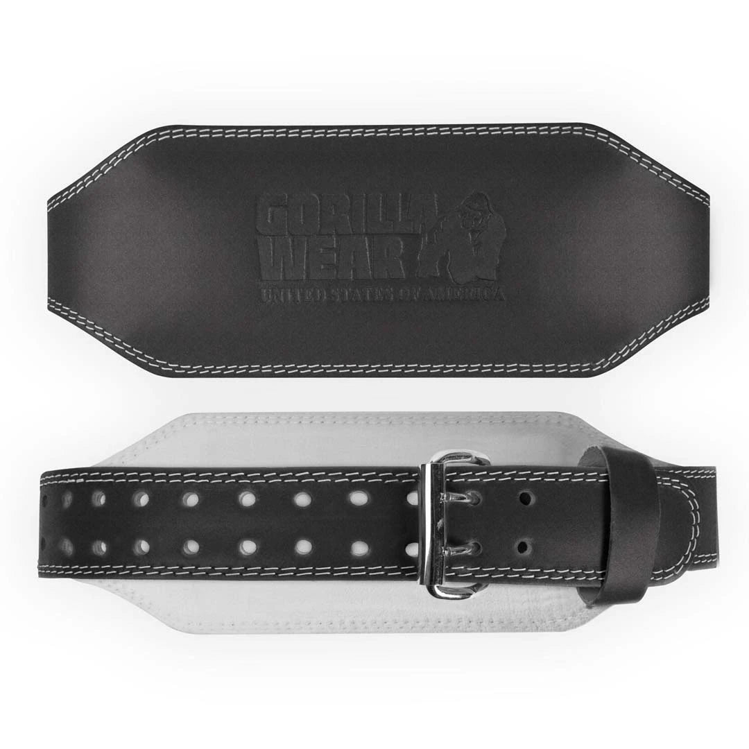 Musta, nahkainen ja erikoisleveä Gorilla Wear 6 Inch Padded Leather Belt Black -treenivyö valkoisilla tikkauksilla.