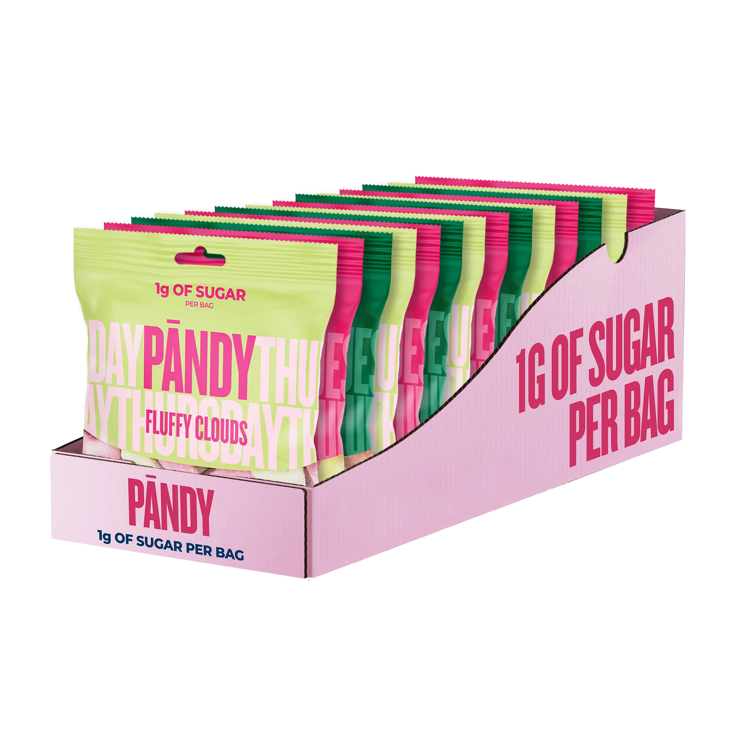 14 x Pändy Candy 50 g Mix-laatikko vaaleanpunaisessa laatikossa, joka on täytetty värikkäillä karkkipusseilla., kuva 1/1
