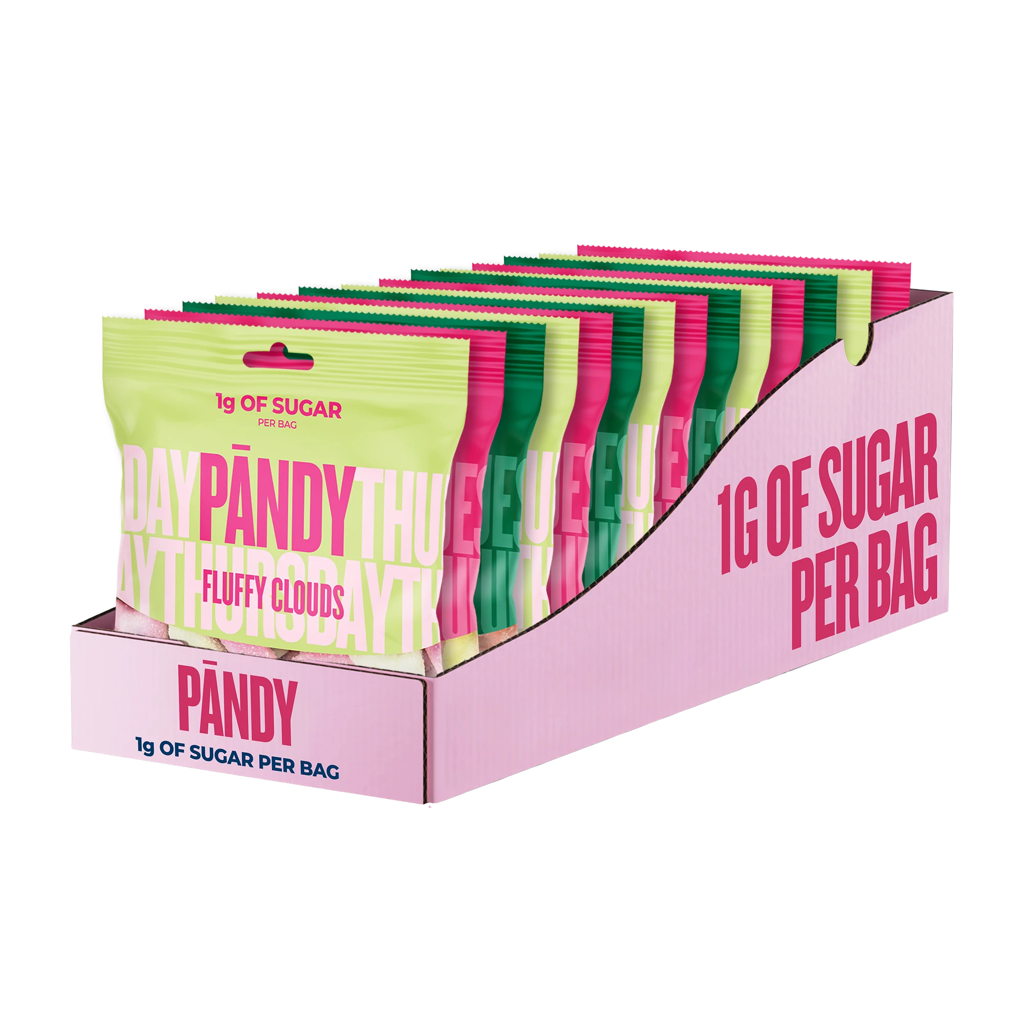 14 x Pändy Candy 50 g Mix-laatikko vaaleanpunaisessa laatikossa, joka on täytetty värikkäillä karkkipusseilla., kuva 1/1