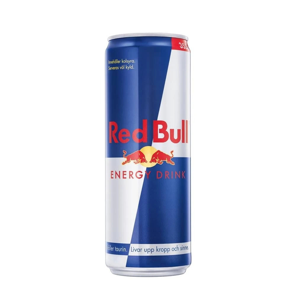 Red Bull -energiajuoma 250 ml ikonisessa sini-hopeisessa alumiinitölkissä.