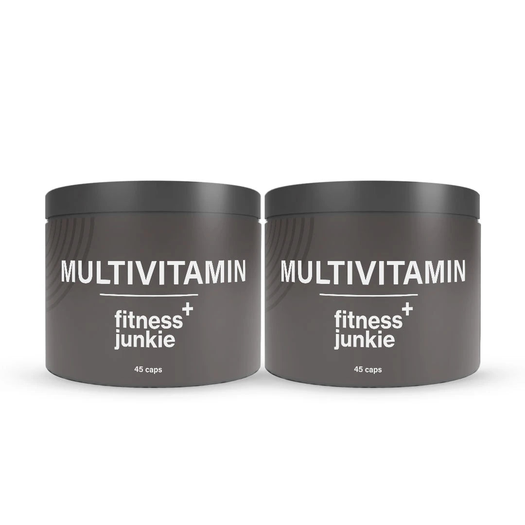 2 x fitnessjunkie Multivitamin 45 caps kahdessa tummanharmaassa purkissa valkoisella tekstillä.
