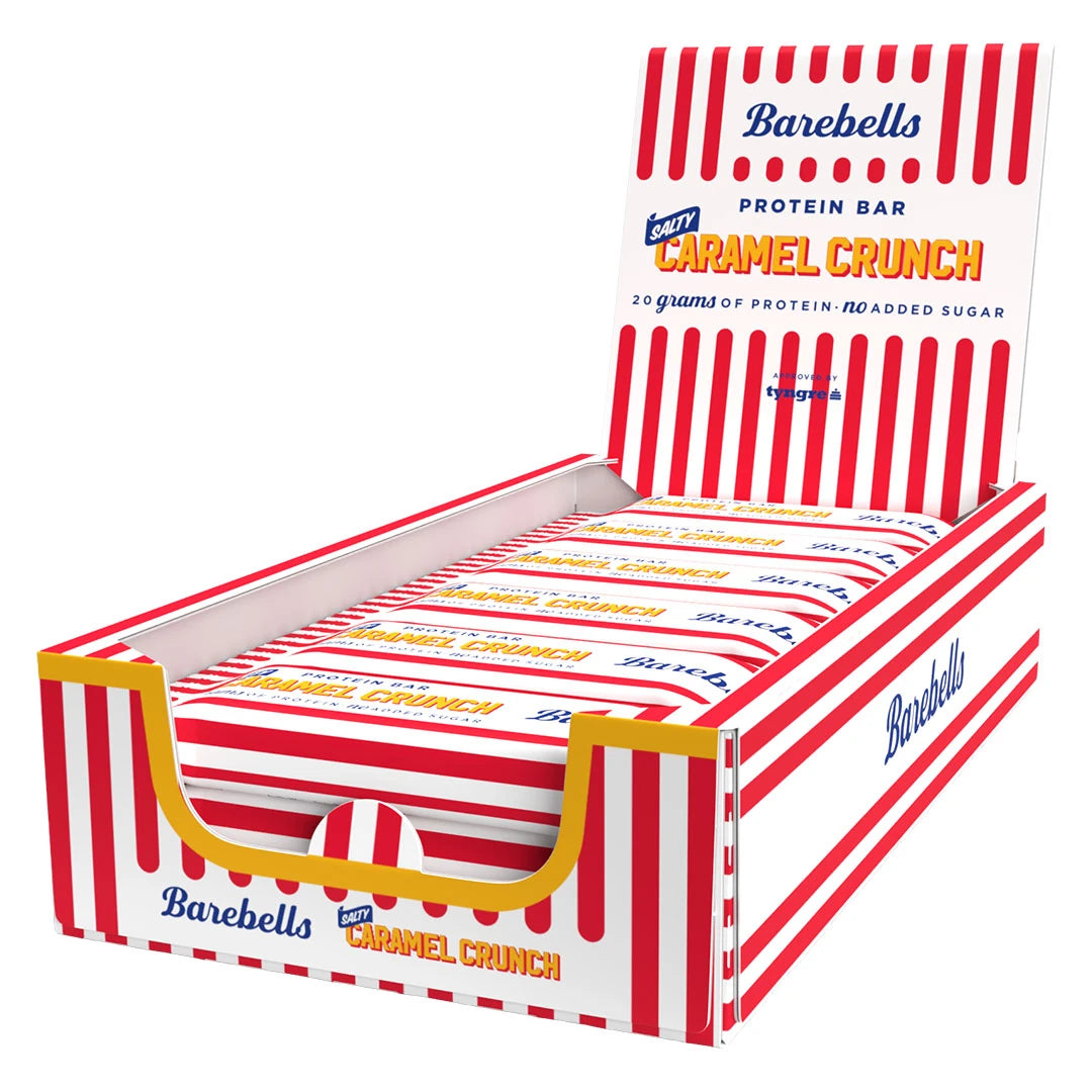 12 x Barebells Protein Bar 55 g Salty Caramel Crunch punavalkoraidallisessa esittelylaatikossa.