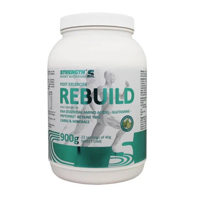 Strength Sport Nutrition Post Workout Rebuild 900 g valkoisessa purkissa turkooseilla yksityiskohdilla, makuna Sweet Lime.