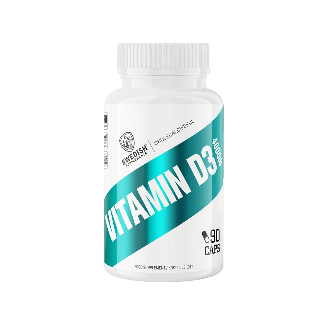 Swedish Supplements Vitamin D3 90 caps pakattuna valkoiseen purkkiin, jossa on turkooseja yksityiskohtia.