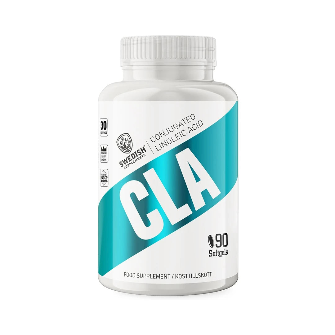 Swedish Supplements CLA 90 caps -ravintolisä valkoisessa purkissa, jossa on turkooseja yksityiskohtia ja musta teksti.