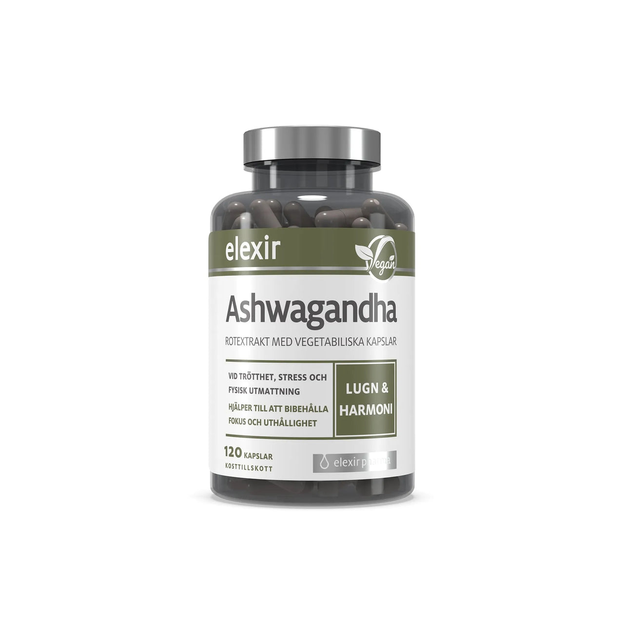 Elexir Pharma Ashwagandha 120 caps läpinäkyvässä purkissa, jossa on hopeakansi, valkovihreä etiketti ja tummia kapseleita.