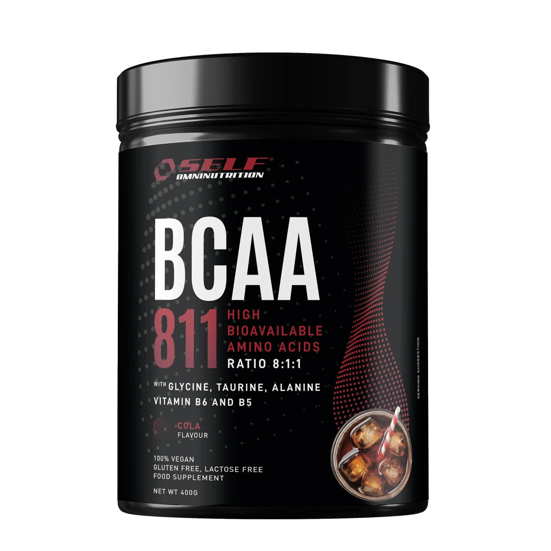 Self Omninutrition Bcaa 811 400 g -aminohapot mustassa purkissa punaisilla yksityiskohdilla, makuna Cola.