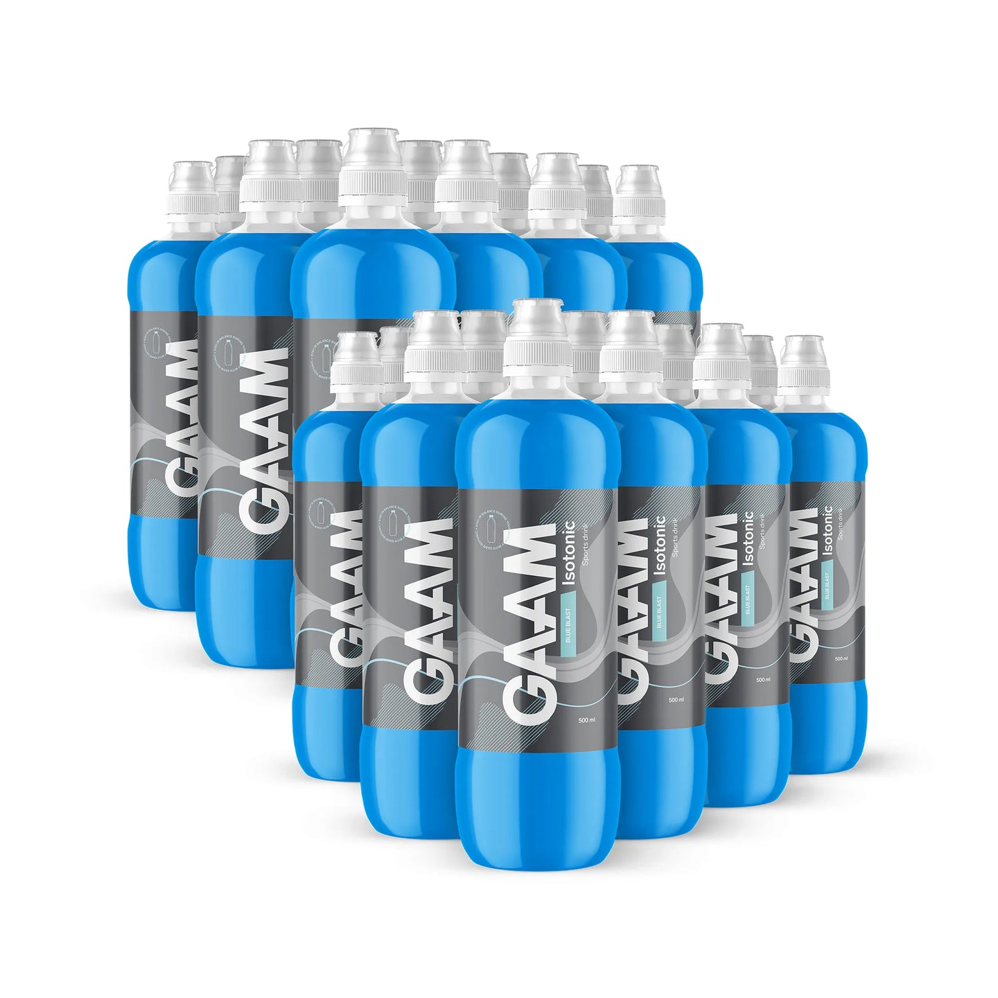 24 x GAAM Isotonic 500 ml -urheilujuomaa muovipulloissa sinisellä nesteellä ja valkoisella korkilla, makuna Blue Blast., kuva 1/1