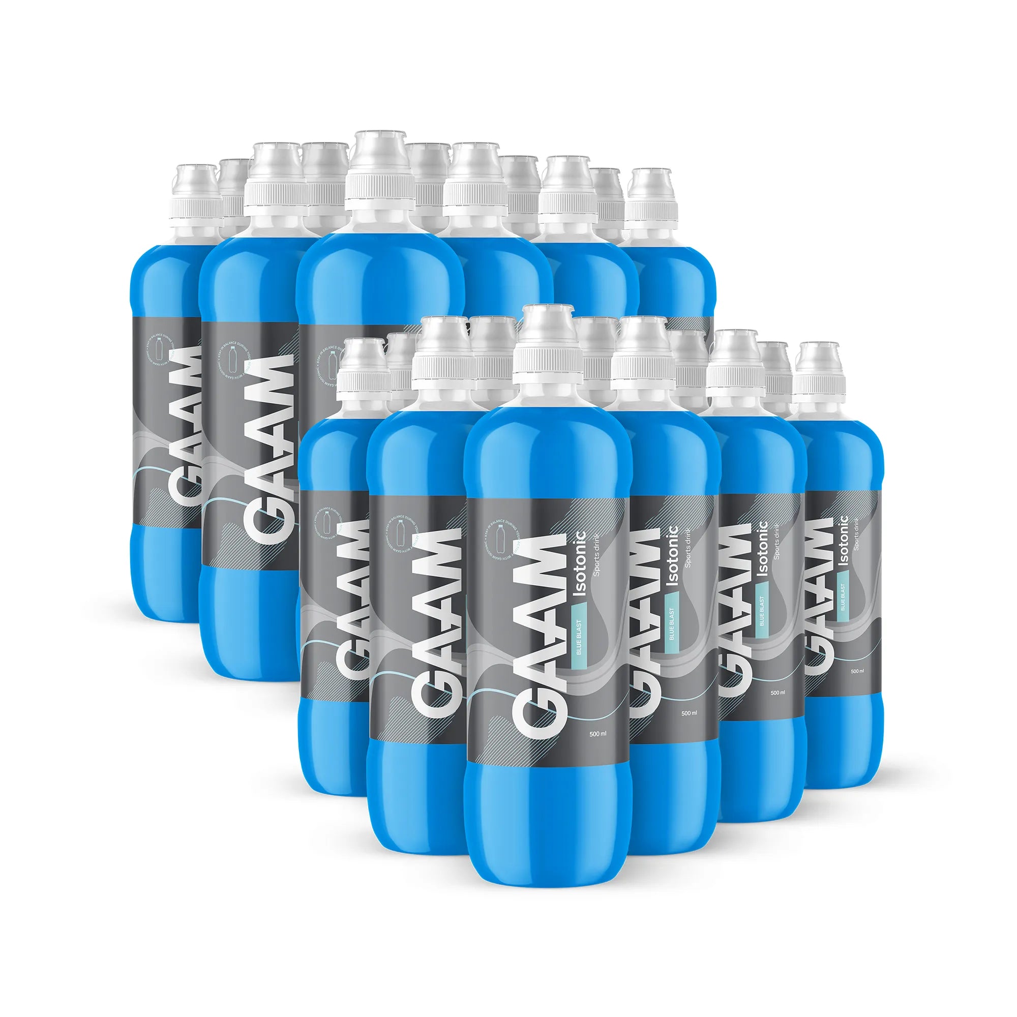 24 x GAAM Isotonic 500 ml -urheilujuomaa muovipulloissa sinisellä nesteellä ja valkoisella korkilla, makuna Blue Blast., kuva 1/1