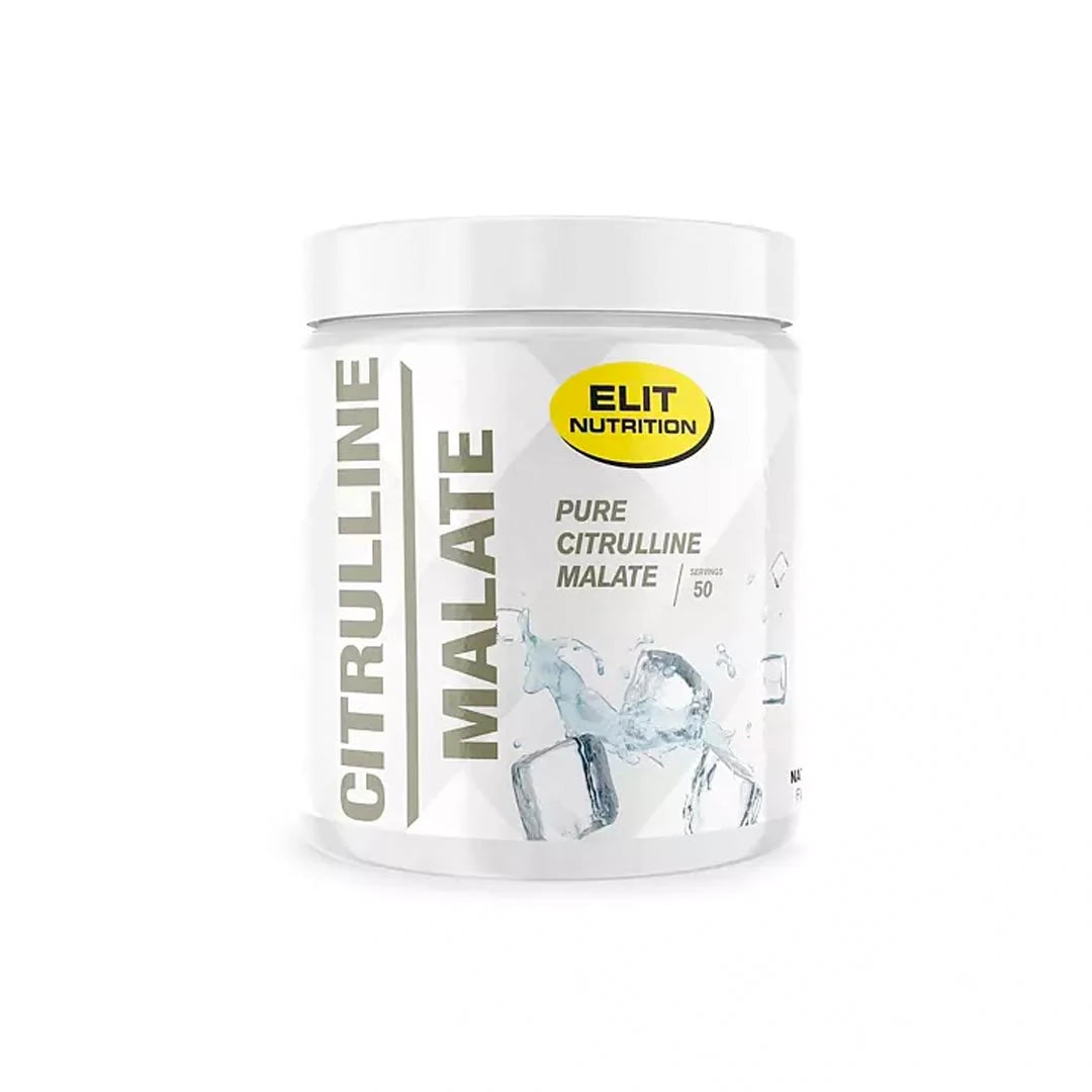 Elit Nutrition Citrulline Malate 250 g -aminohappojauhe valkoisessa purkissa, jonka etiketissä on jääkuutioita.