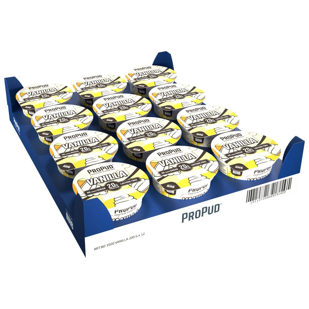 12 x NJIE ProPud 200 g Vanilla laktoositonta proteiinivanukasta valko-keltaisissa purkeissa sinisellä tarjottimella.
