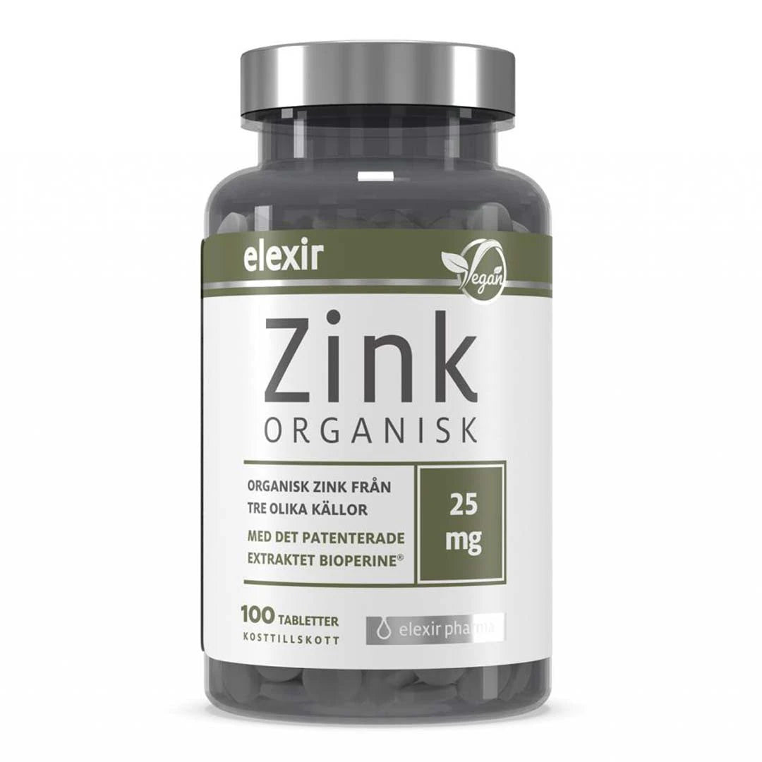 Elexir Pharma Organic Zink 100 tabs -ravintolisä tummassa purkissa, jossa on valkovihreä etiketti ja hopeinen kansi.