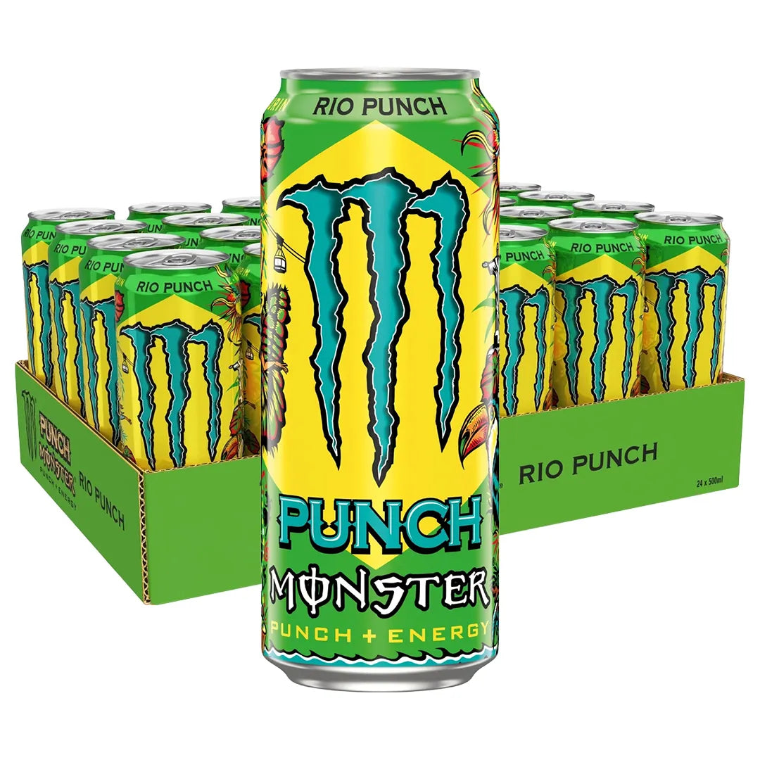 24 x Monster Energy 500 ml Juiced Rio Punch vihreässä laatikossa, jossa on keltaisia ja vihreitä tölkkejä.