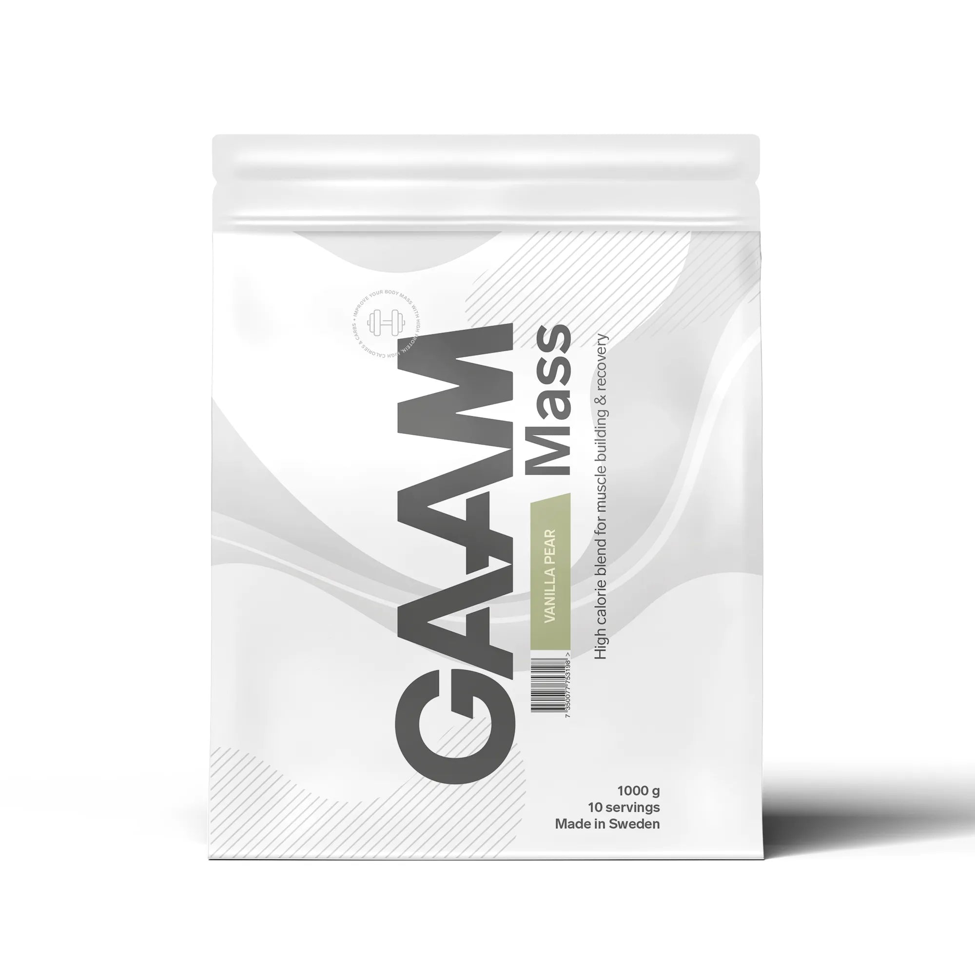 GAAM 100% MASS Premium 1 kg gaineri valkoisessa pussissa harmailla yksityiskohdilla, makuna Vanilla Pear., kuva 7/9