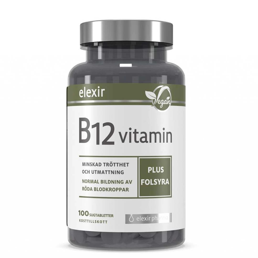 Elexir Pharma B12 Vitamin 100 tabs tummassa purkissa, jossa on hopeakansi ja valkoinen etiketti vihrein yksityiskohdin.