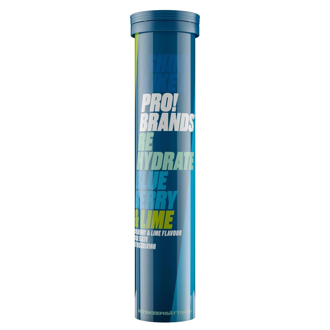 Pro Brands Rehydrate 20 Tabs -nesteytysvalmiste sinisessä putkilossa, makuna Blueberry Lime.