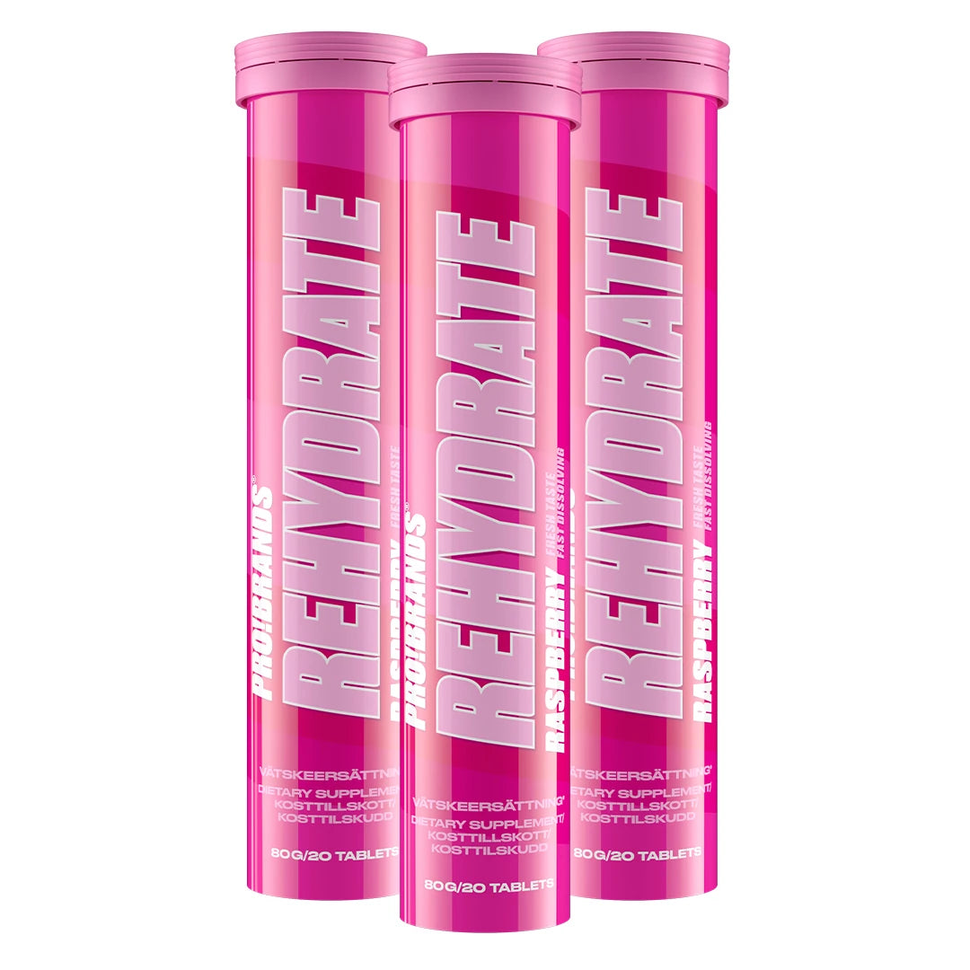 3 x Pro Brands Rehydrate 20 Tabs -nesteytystabletit kolmessa vaaleanpunaisessa putkilossa, makuna Raspberry., kuva 1/1