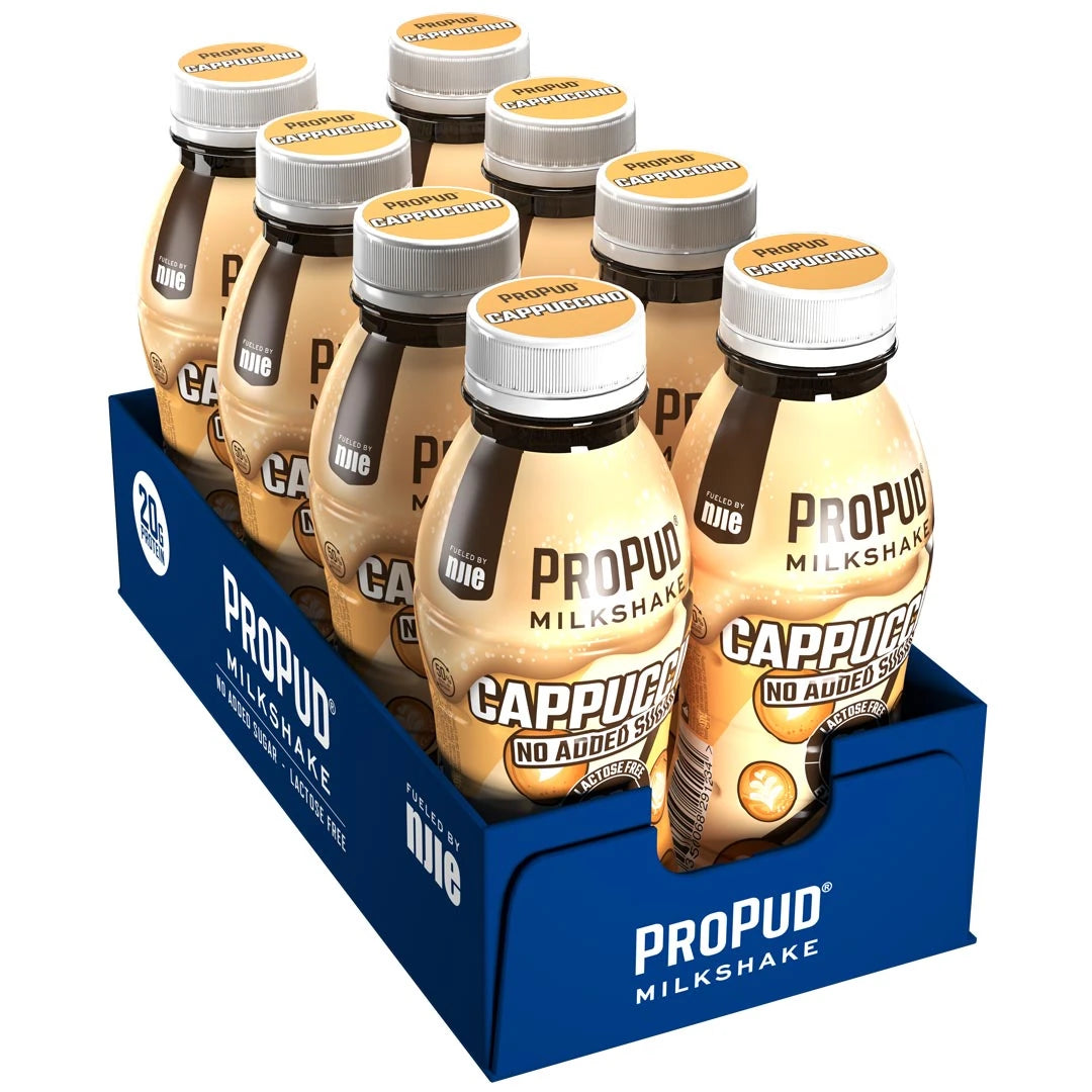 8 x NJIE ProPud Protein Milkshake 330 ml Cappuccino tummansinisessä laatikossa, jossa on 8 vaaleanruskeaa pulloa.