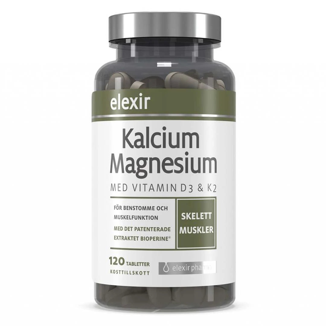 Elexir Pharma Kalsium & Magnesium 120 tabs läpinäkyvässä purkissa, jossa on valkoinen ja vihreä etiketti sekä hopea kansi.