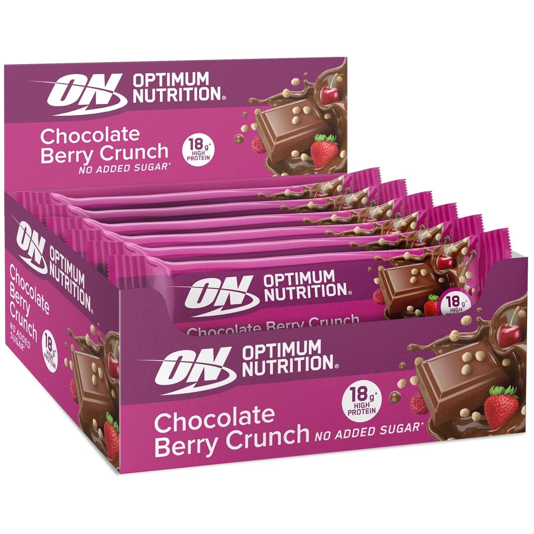 12 x Optimum Nutrition Chocolate Protein Bar 55 g Berry Crunch vaaleanpunaisessa esittelylaatikossa.