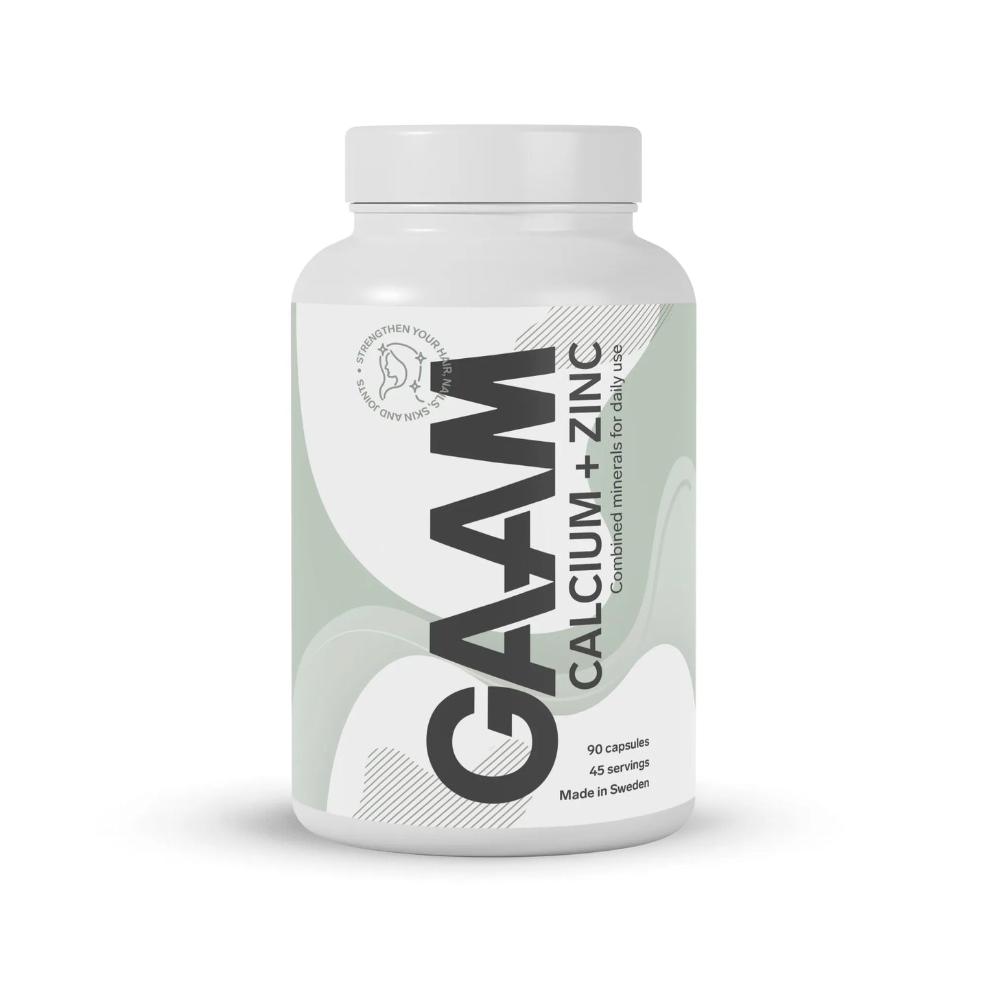 GAAM Calcium + Zinc 90 caps valkoisessa purkissa, jossa on harmaanvihreitä yksityiskohtia ja musta teksti.