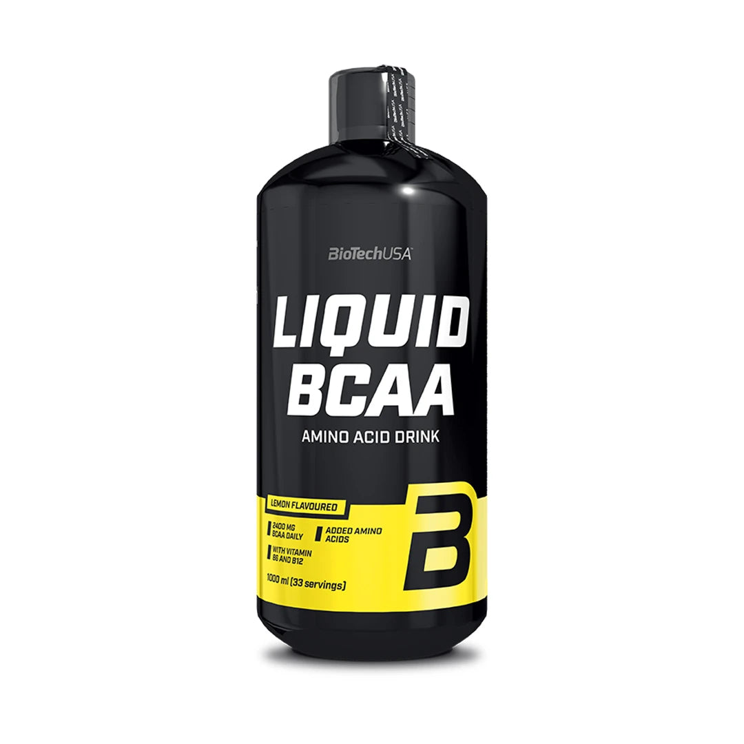 BioTechUSA Liquid BCAA 1 l -aminohapot mustassa pullossa keltaisilla yksityiskohdilla, makuna Lemon Flavoured.