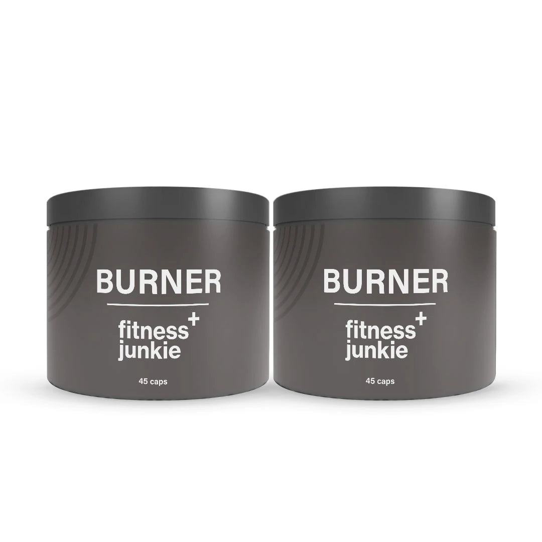 2 x fitnessjunkie Burner 45 caps -rasvanpolttaja kahdessa tummanharmaassa purkissa, joissa on tyylikäs valkoinen teksti.