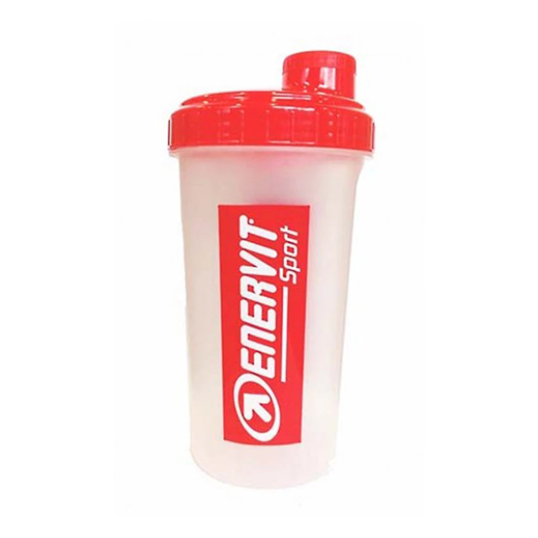 Enervit Sport Shaker 700 ml läpinäkyvästä muovista, jossa on punainen kansi ja punaiset logoyksityiskohdat sivulla.