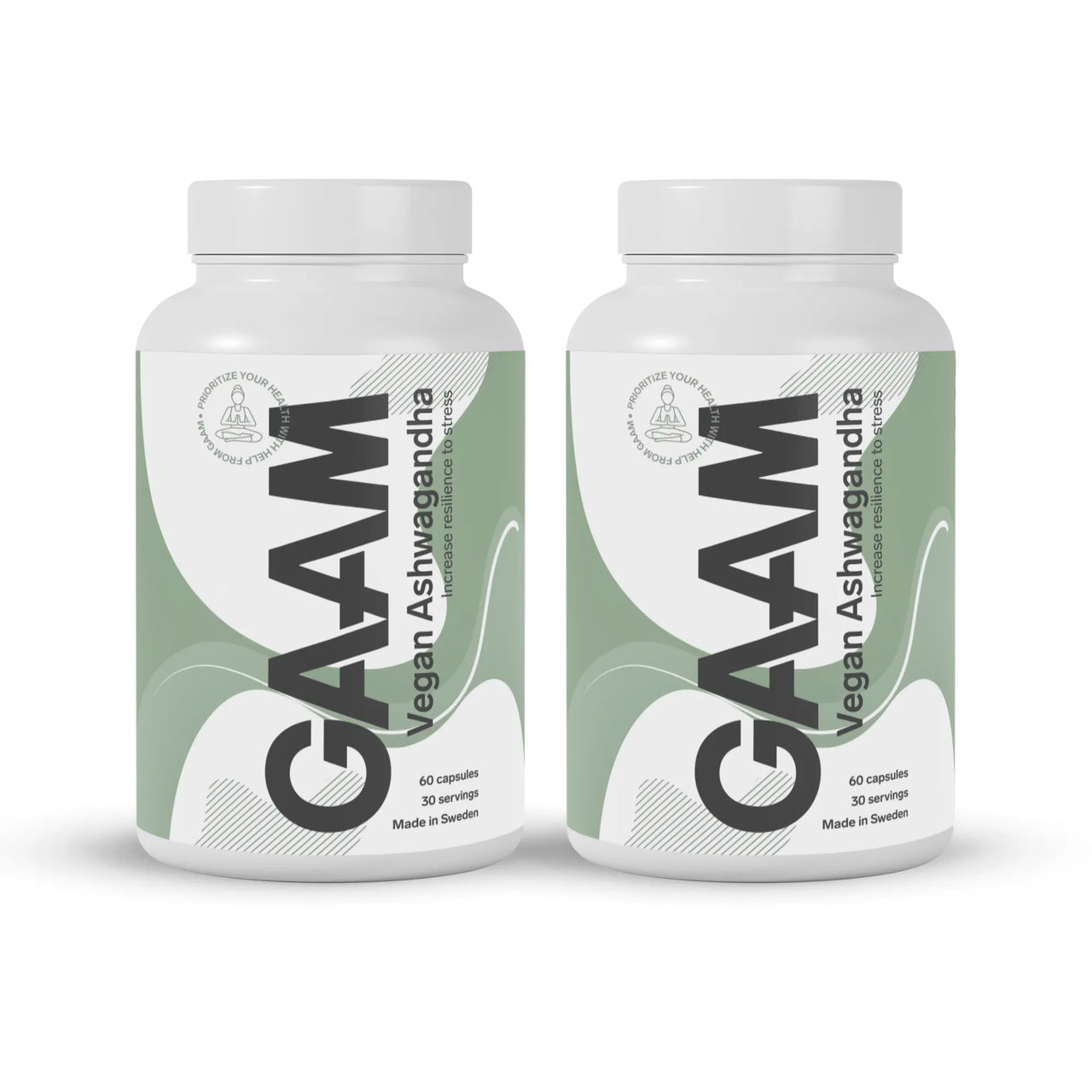 2 x GAAM Vegan Ashwagandha 60 caps kahdessa valkoisessa purkissa vihreillä yksityiskohdilla ja mustalla tekstillä.