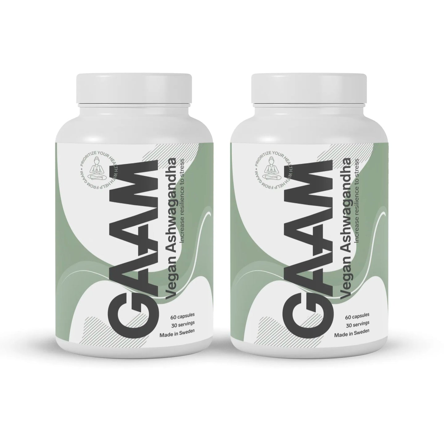 2 x GAAM Vegan Ashwagandha 60 caps kahdessa valkoisessa purkissa vihreillä yksityiskohdilla ja mustalla tekstillä.