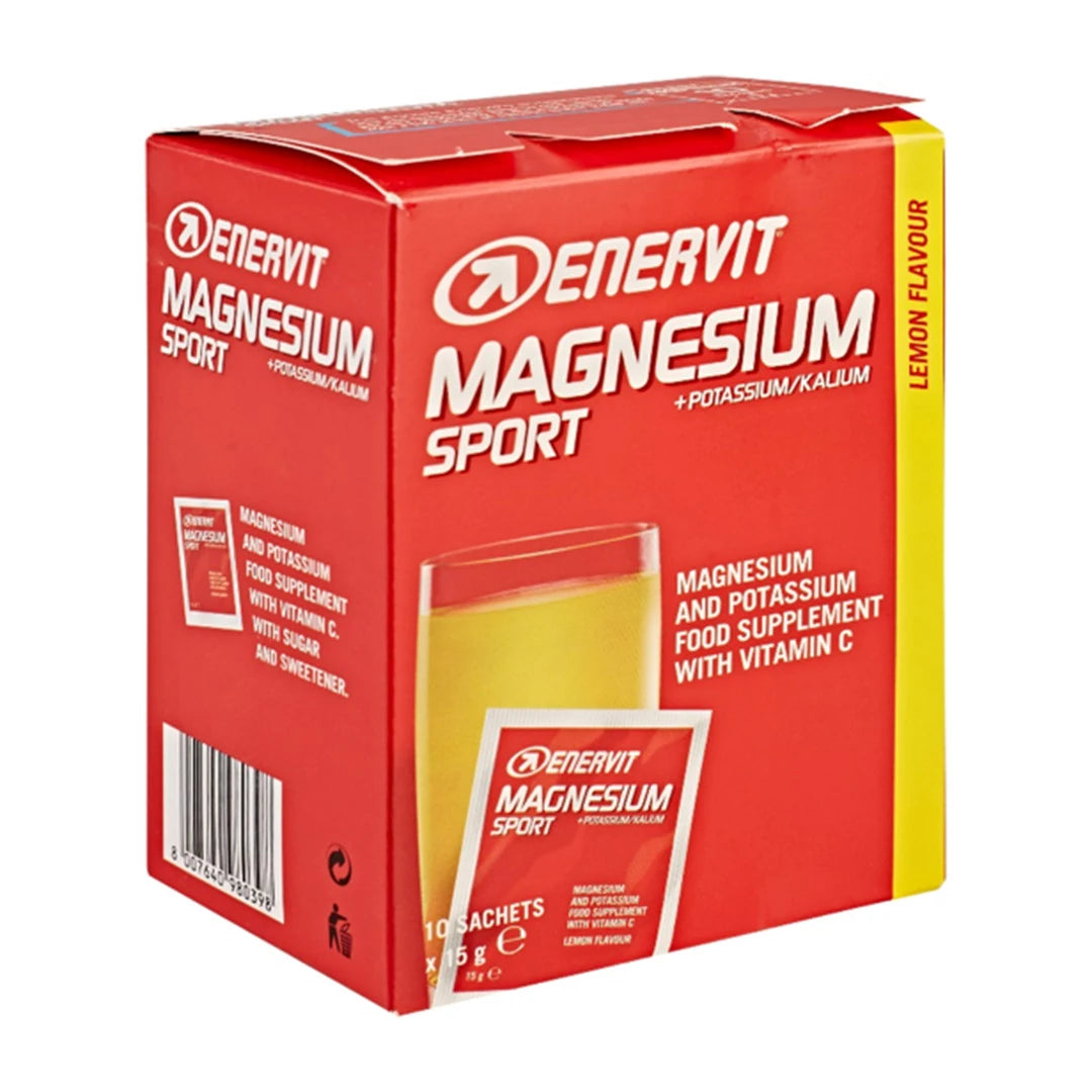 Sitruunanmakuinen ENERVIT Magnesium Sport Mineral Dryck 10 x 15 g -ravintolisä punakeltaisessa kartonkipakkauksessa.