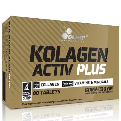 Olimp Kolagen Activ Plus 80 tabs -ravintolisä kullanvärisessä rasiassa, jossa on mustaa ja valkoista tekstiä.