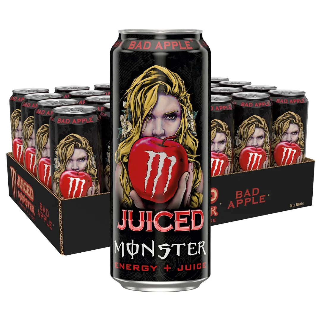 24 x Monster Energy 500 ml Juiced Bad Apple mustassa laatikossa, jossa on mustia tölkkejä punaisella omenakuviolla.