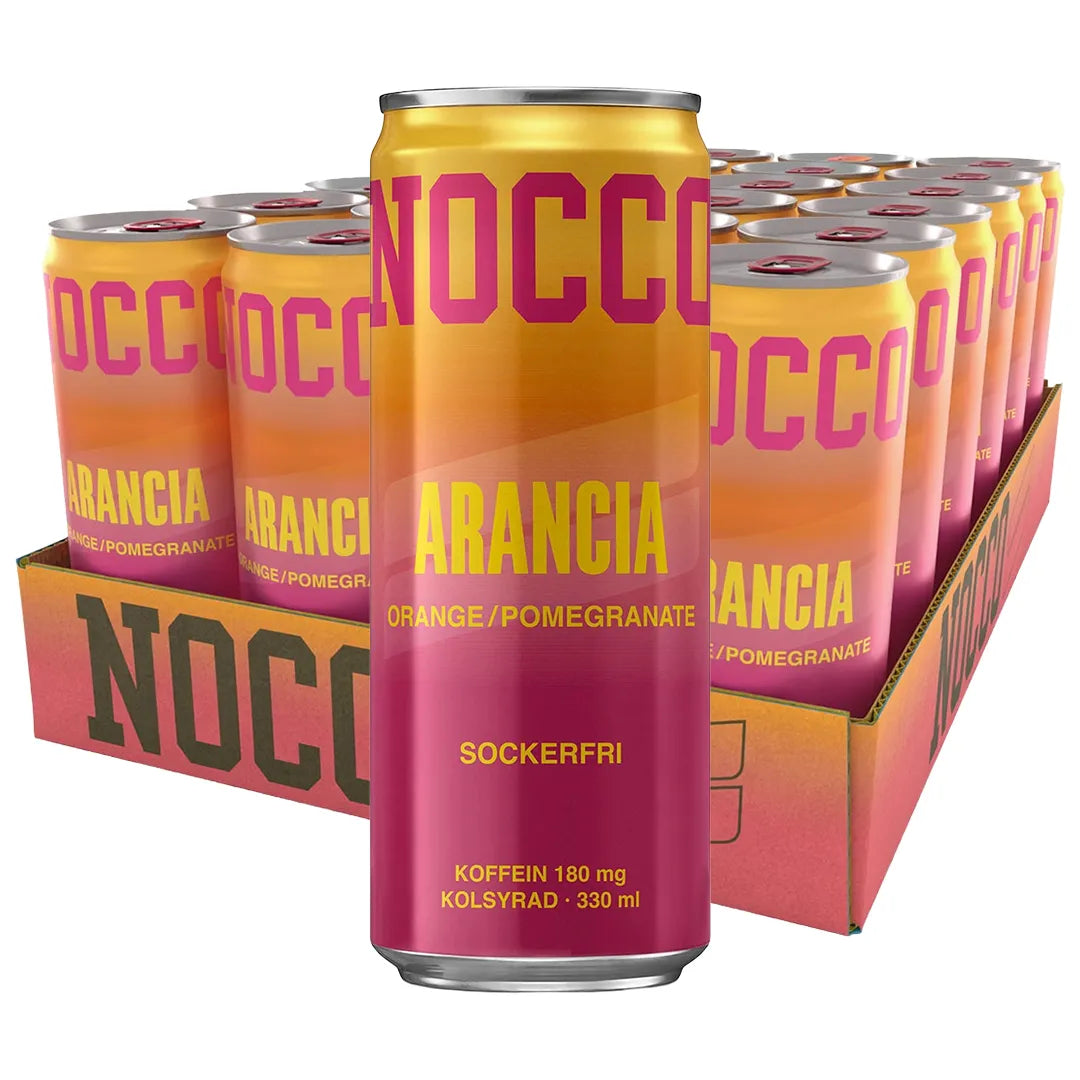 24 x NOCCO BCAA 330 ml Arancia laatikossa, jossa on yhteensopivia tölkkejä oranssin ja pinkin sävyissä.