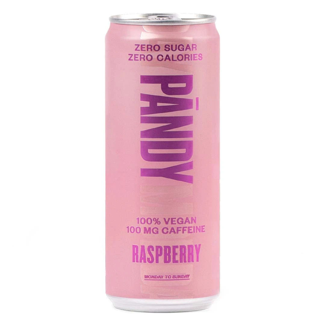 Pändy Soda 330 ml -kofeiinijuoma vaaleanpunaisessa tölkissä violeteilla yksityiskohdilla, makuna Raspberry.