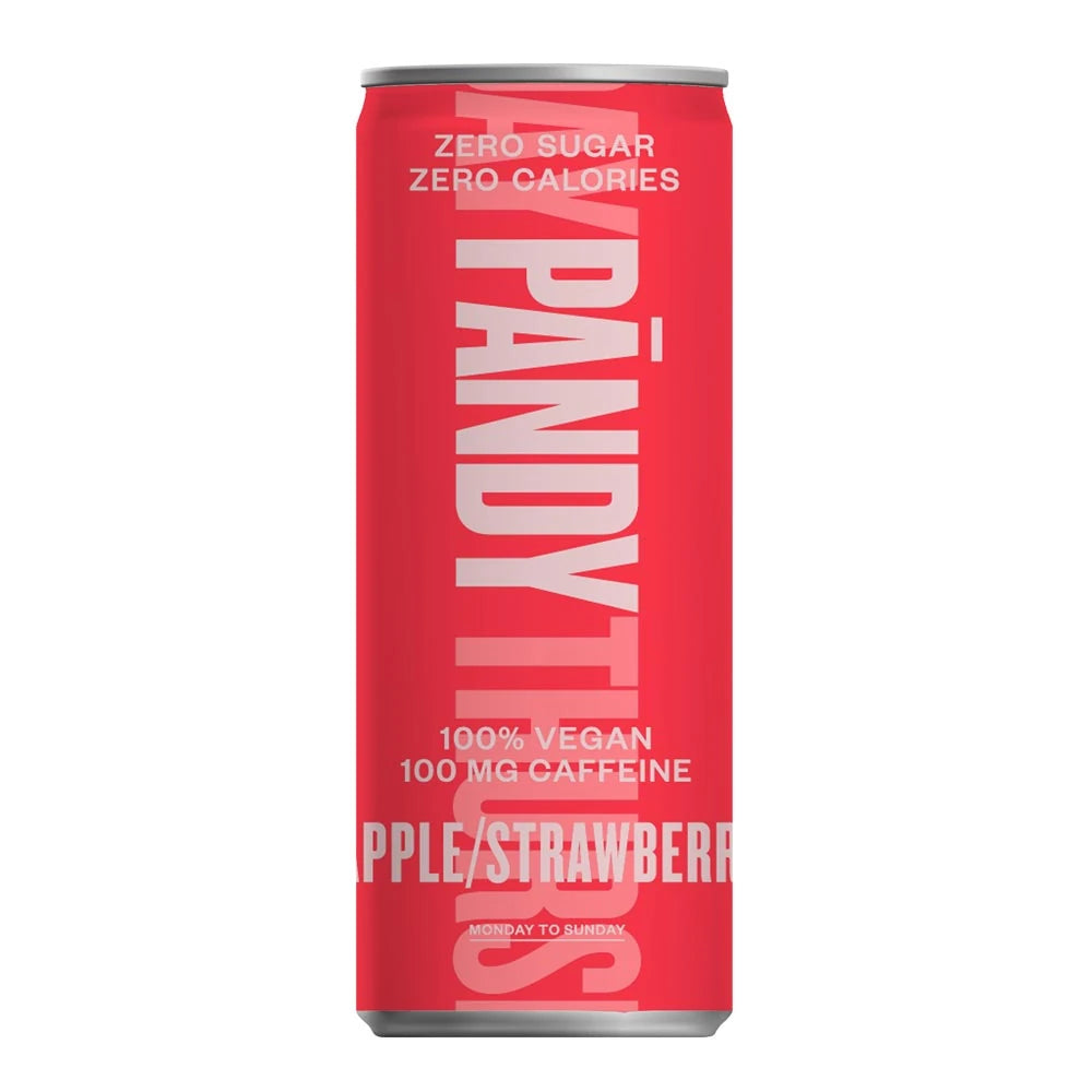 Pändy Soda 330 ml -kofeiinijuoma punaisessa tölkissä valkoisella tekstillä, makuna Apple Strawberry.