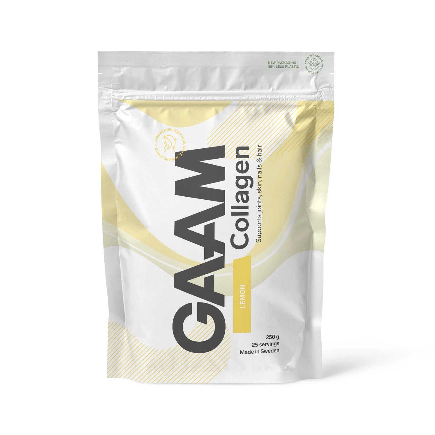 GAAM Collagen 250 g -kollageenijauhe valkoisessa pussissa keltaisilla yksityiskohdilla, makuna Lemon., kuva 4/4