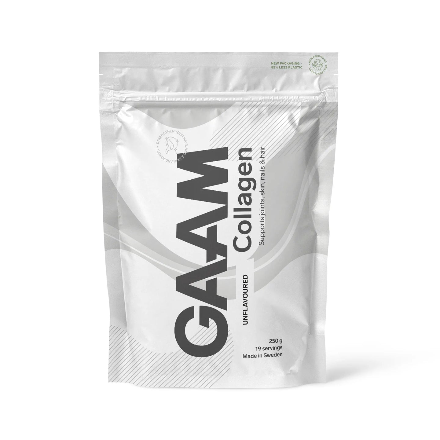 GAAM Collagen 250 g -kollageenijauhe valkoisessa pussissa tummanharmaalla tekstillä, makuna Unflavoured., kuva 3/4