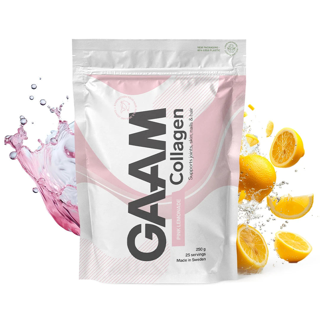GAAM Collagen 250 g -ravintolisä valkoisessa pussissa, makuna Pink Lemonade, taustalla sitruunaviipaleita ja roiskeita.