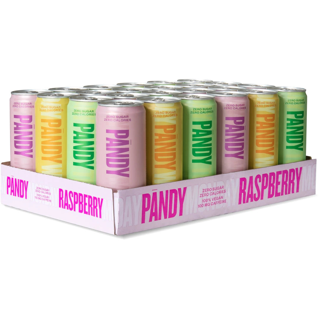 24 x Pändy Soda Energy Drink 330 ml -sekoituslaatikko täynnä pinkkejä, oransseja ja vihreitä energiajuomatölkkejä.