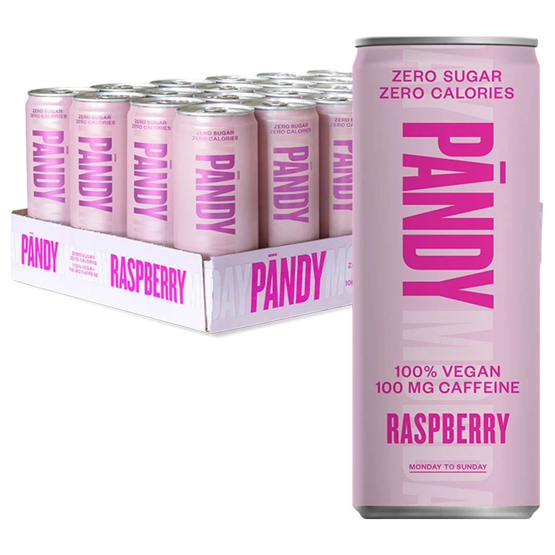 24 x Pändy Soda Energy Drink 330 ml Raspberry vaaleanpunaisessa laatikossa yhteensopivilla energiajuomatölkeillä.