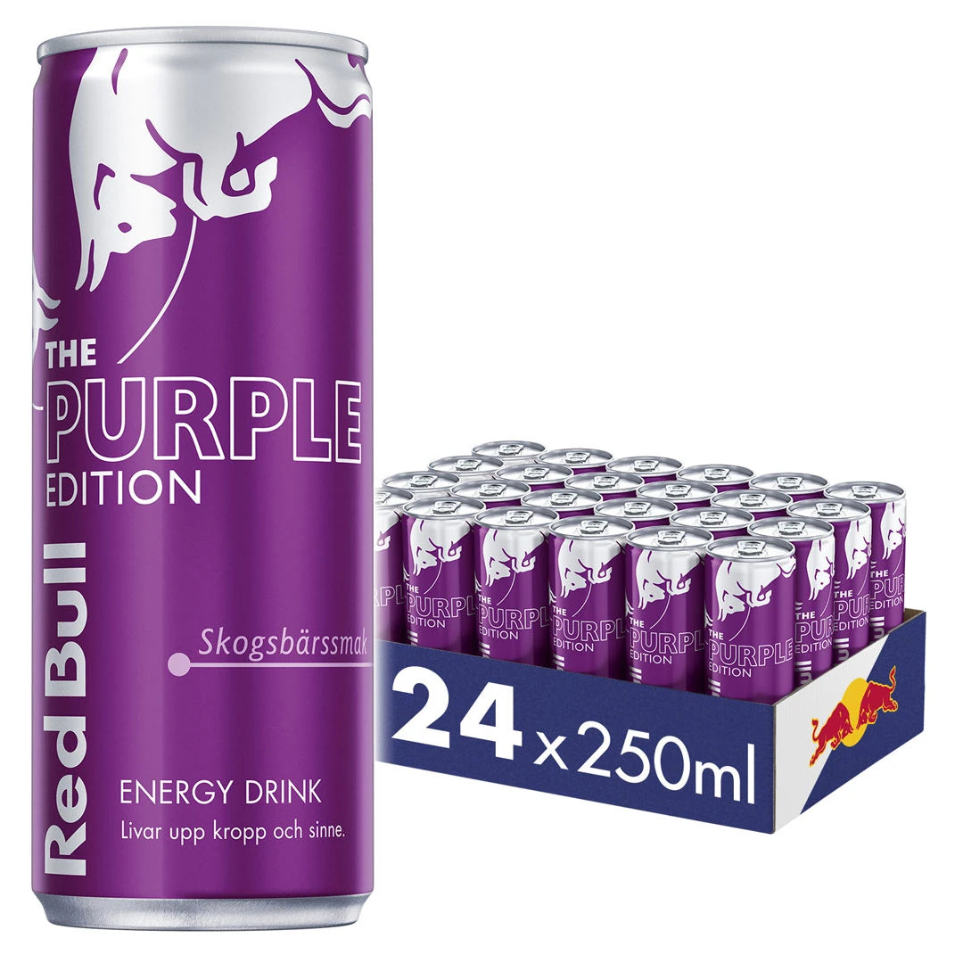 24 x Red Bull Energiajuoma 250 ml Purple Edition Metsämarja sinisessä laatikossa, liloja tölkkejä.