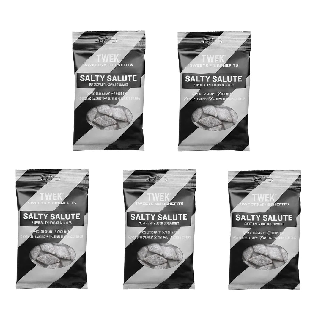 5 x Tweek Sweets 80 g Salty Salute -makeiset mustan ja harmaan värisissä pusseissa, joissa on erittäin suolaisia lakritsikarkkeja.