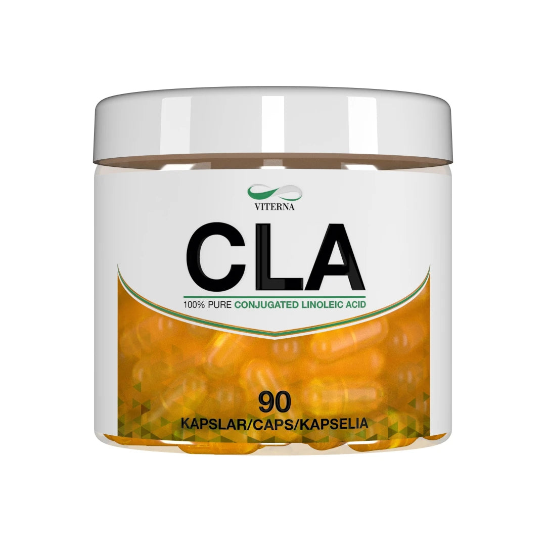 Viterna CLA 90 caps -ravintolisä läpinäkyvässä purkissa, jossa on valkoinen etiketti ja oransseja kapseleita.