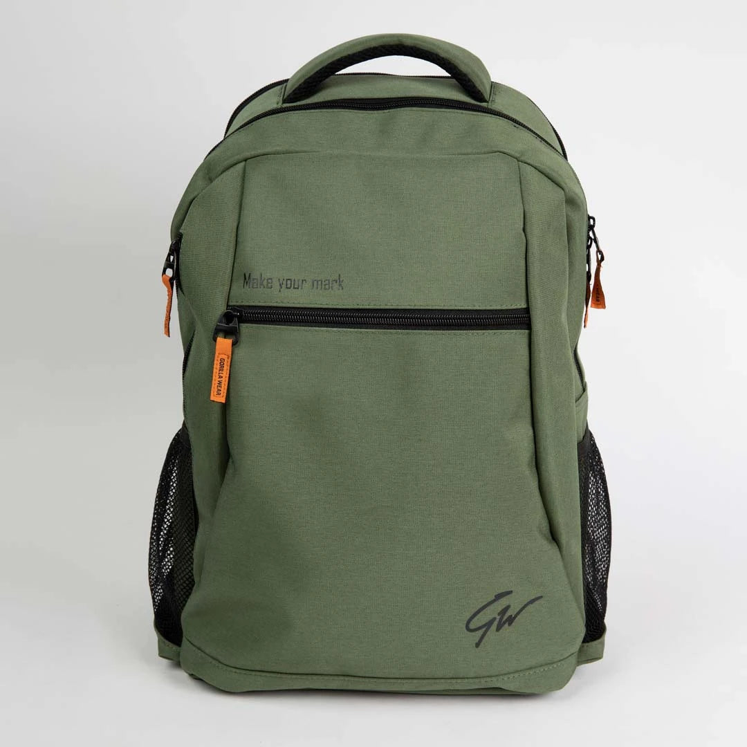 Vihreä Gorilla Wear Duncan Backpack Army Green -reppu mustilla yksityiskohdilla ja verkkotaskuilla sivuilla.