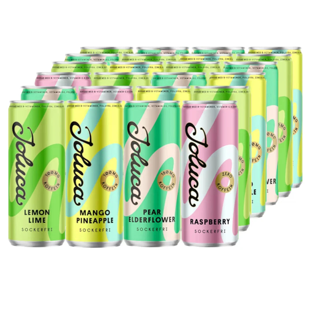 24 x Joluca Energidryck 330 ml Mixflak, jossa on eri makuisia energiajuomatölkkejä värikkäillä pastellikuvioilla.