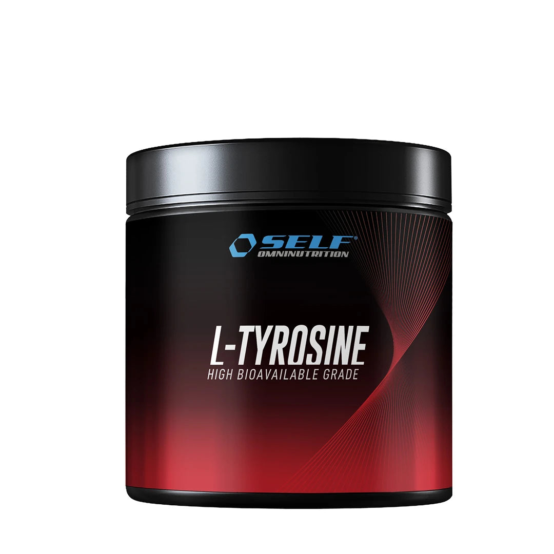 Self Omninutrition L-Tyrosine 200 g -aminohappo mustassa ja punaisessa purkissa, jossa on valkoinen teksti.