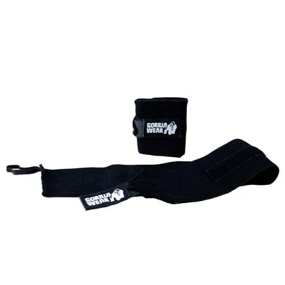 Mustat elastaaniset Gorilla Wear Wrist Wrap Basic -rannesiteet valkoisella logolla treenin tukemiseen.